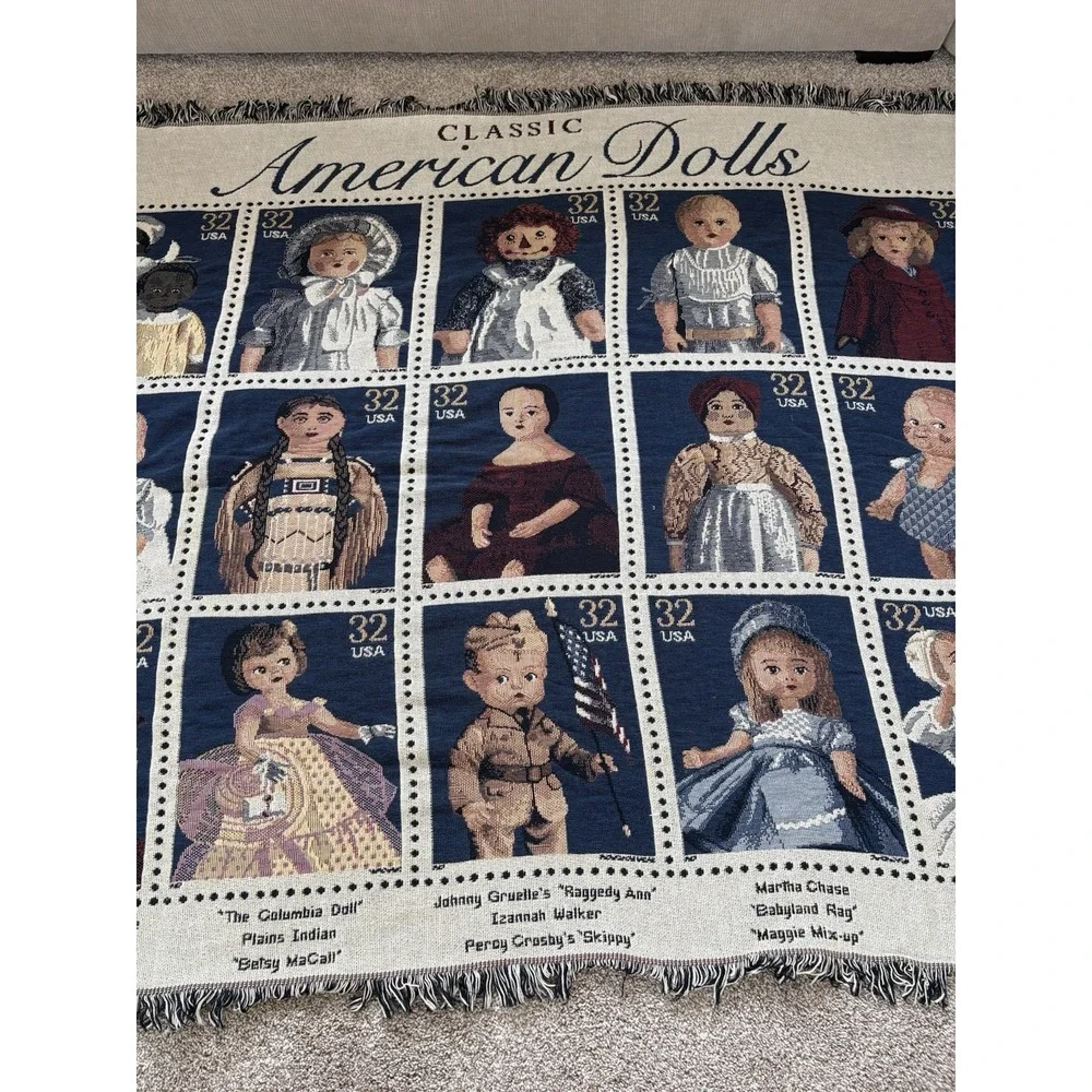 Vtg USPS 1990s Classic American Dolls Tapestry Blanket Collectible Fringe 68x51